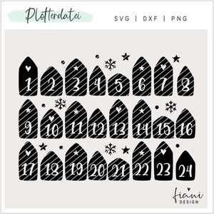 Könnte beinhalten: Schwarz-weiß-Illustration eines Adventskalenders mit 24 nummerierten Häusern. Die Häuser sind in drei Reihen zu je acht angeordnet. Jedes Haus hat ein anderes Design, darunter Sterne, Schneeflocken und Herzen.