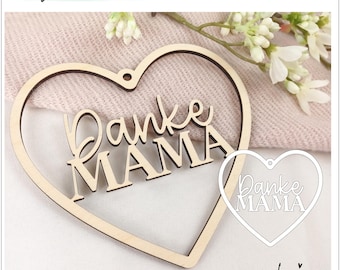 Serce z napisem „Dziękuję mamo” z pętlą do wycinania laserowego SVG, plik ploterowy, wycinany laserowo, drewniany pierścień, drewniany wieniec, Dzień Matki