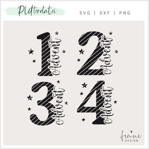 Könnte beinhalten: Vier schwarze Zahlen, 1, 2, 3 und 4, mit einem gestreiften Muster und dem Wort "Advent" vertikal neben jeder Zahl. Sterne sind um die Zahlen herum verstreut. Der Text "Plotterdatei" befindet sich oben im Bild, und "SVG | DXF | PNG" befindet sich oben rechts. Der Text "fiani DESIGN" befindet sich unten rechts.