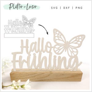 Laserdatei Klötzchendeko Frühling Bastelklötzchen Vorlage SVG Plotterdatei Lasercut Vektordatei, Hallo Frühling Schmetterling
