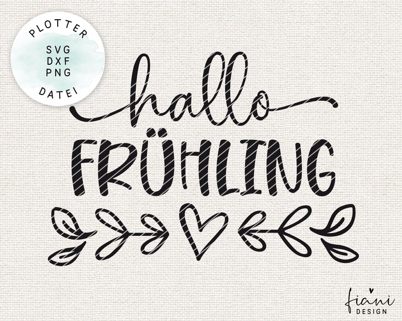 K&ouml;nnte beinhalten: Schwarz-wei&szlig;es Grafikdesign mit dem Text "hallo fr&uuml;hling" in handschriftlicher Form. Das Design enth&auml;lt ein Herz und stilisierte Bl&auml;tter.