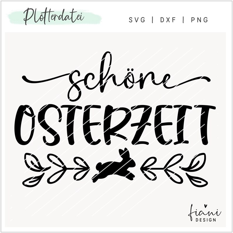 Op de afbeelding: Zwart-wit grafisch ontwerp met de tekst "sch&ouml;ne Osterzeit" en een gestileerd konijn met bloemmotieven.
