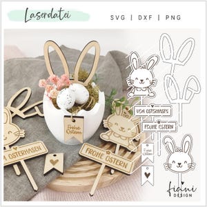 Fichier laser bouchon de Pâques Pâques, gâteau topper fleur bouchon bois SVG oreilles de lapin lapin de Pâques, cadeau de Pâques, arrangement de Pâques