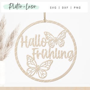 Laserdatei Kranz "Hallo Frühling" Loop Ring SVG Plotterdatei Lasercut, Holzring Türkranz Türdeko Holzkranz, Schmetterlinge