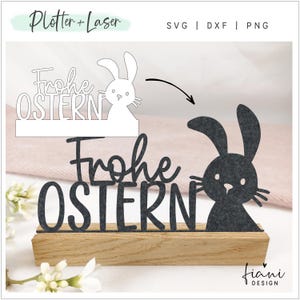 Könnte beinhalten: Eine schwarz-weiße digitale Schnittdatei für ein Holzschild mit dem Text "Frohe Ostern" und einem Hasen. Das Design ist perfekt zum Laserschneiden oder Schneiden mit einem Plotter.