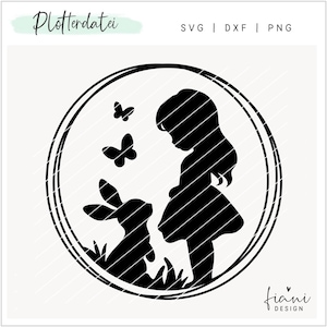 Plotter file girl with rabbit, spring SVG spring decoration window picture template