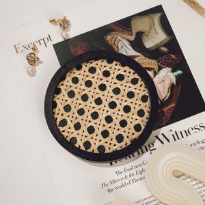 Set of 4 | Natural Handwoven Rattan & Classic Black Wood Coasters, Display Tray, Table Decoration, Jewelry Tray, Perfume Tray, Coffee Tray