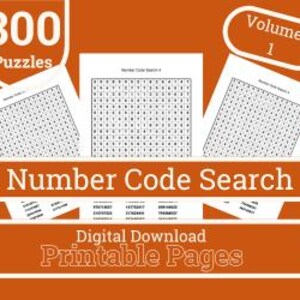 Può includere: Tre pagine stampabili con puzzle di ricerca di codice numerico. Ogni pagina ha una griglia di numeri e un elenco di parole da trovare. Il titolo "Ricerca di codice numerico" è in cima alla pagina. Il testo "300 Puzzle Volume 1" è nell'angolo in alto a sinistra. Il testo "Download digitale Pagine stampabili" è in fondo alla pagina.