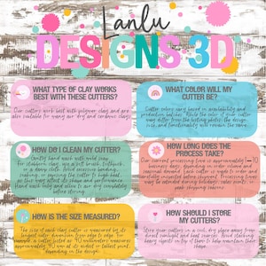 May include: An informational graphic for Lanlu Designs 3D featuring six rounded rectangular text boxes in pink, blue, green, orange, yellow, and light pink. The text provides instructions on clay types, cutter colors, cleaning, processing, sizing, and storage.