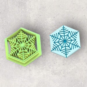 May include: A lime green hexagonal snowflake cookie cutter with a raised geometric pattern and a light blue hexagonal stamp featuring a dark blue snowflake design with intricate lines and a central point, both shaped as six-sided polygons.