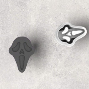 Può includere: Due oggetti grigi a forma di maschera di Ghostface. Uno è grigio pieno, l'altro è una sezione trasversale con un bordo bianco e un interno nero e grigio. Gli oggetti sono su una superficie grigio chiaro.