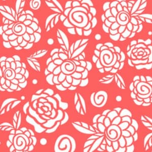 May include: A repeating pattern of white floral designs on a coral background. The pattern includes various flower shapes, leaves, and small dots. The floral elements are stylized and evenly spaced.