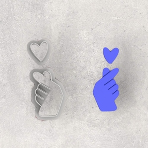 May include: Three items are displayed on a gray surface: a heart-shaped cookie cutter, a hand-shaped cookie cutter forming a heart, and a blue hand with a heart above it. The hand is making a heart shape with the fingers.
