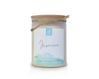 Jasmine, 12 oz. White Jar + Wood Lid | Beachy Scented Candle | Relaxing Spa Candle | Floral Scented Candle | Stress Relief Candle