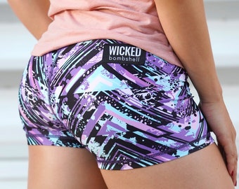 Purple Tribal Print Booty Shorts: High Waist Performance Fitness