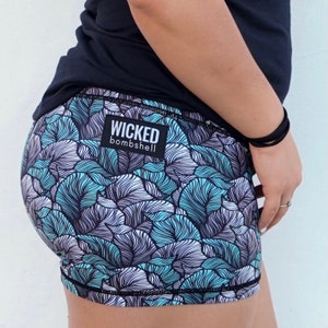 Teal Leaf Print Booty Shorts: High-Waist Workout Gym Shorts