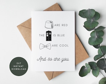 Doctor Who Valentines, Doctor Who Instant Download Card, Roses are Red Doctor Who Card, Eleventh Doctor Bowtie, Doctor Who Anniversary Card