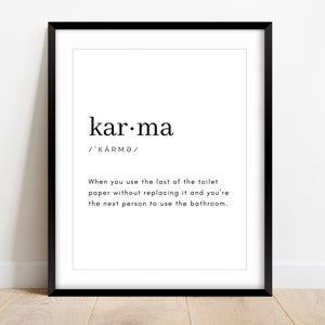 Karma Definition Wall Art, Dekoracja łazienki, Dekoracja ściany domu, Sztuka łazienki, Typografia Wall Art, Znak papieru toaletowego, Zabawny prezent do łazienki