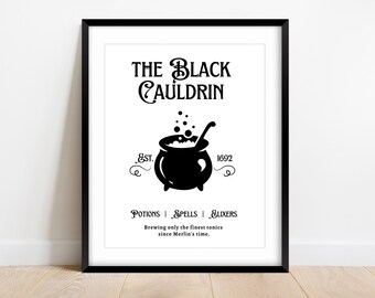 May include: Black and white illustration of a cauldron with bubbles and a spoon, with the text "THE BLACK CAULDRIN EST. 1692 POTIONS SPELLS ELIXERS Brewing only the finest tonics since Merlin's time."