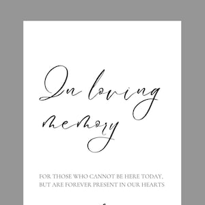 May include: A white sign with black calligraphy text that reads "In loving memory." Below the text is the phrase "For those who cannot be here today, but are forever present in our hearts." A small heart is at the bottom.