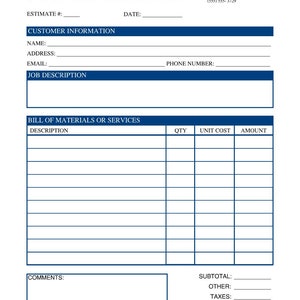 Navy Blue Construction Job Estimate Template EDITABLE Etsy