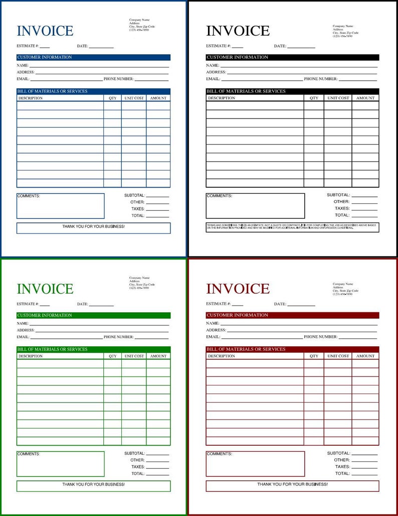 Invoice Template | 4 Color Options | Zip File | EDITABLE & PRINTABLE ...
