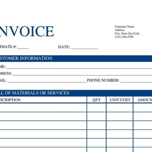 May include: A blank invoice form with fields for customer information, a bill of materials or services, quantity, unit cost, and amount. The form has a blue header with the word "INVOICE" in white.