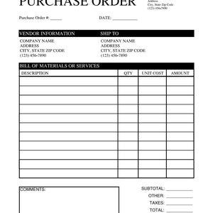 Purchase Order Template - EDITABLE & PRINTABLE Pdf/doc on Microsoft ...