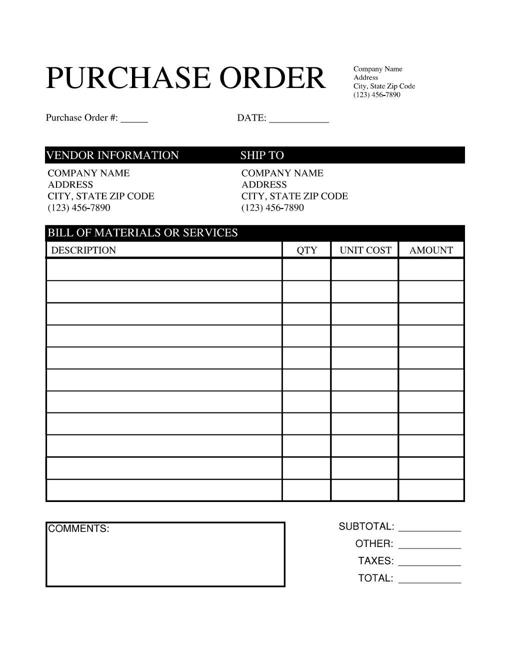 Purchase Order Template - EDITABLE & PRINTABLE Pdf/doc on Microsoft ...
