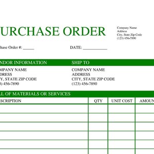Green Purchase Order Template - EDITABLE & PRINTABLE PDF/doc on Microsoft Edge/Google Chrome/Microsoft Word/Adobe/Google Doc