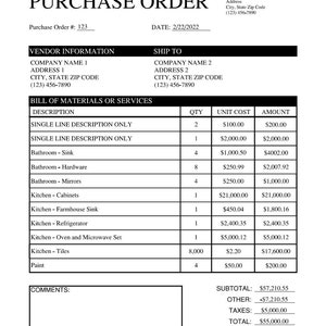Purchase Order Template - EDITABLE & PRINTABLE Pdf/doc on Microsoft ...