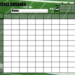 May include: A green and white football squares game board with a grid of 100 squares. The board has a title "Football Squares" and includes spaces for "Home", "Away", and "Final" scores. The board is set up for a football game with four quarters.
