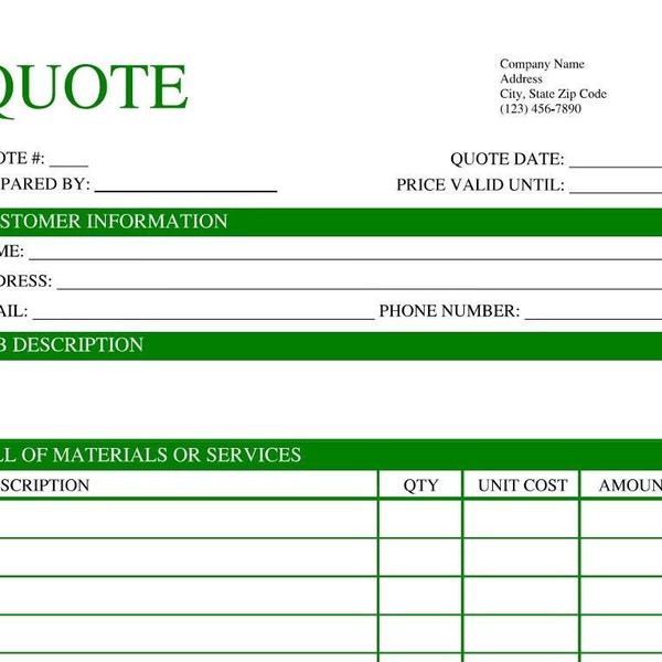 Green Quote Template - EDITABLE & PRINTABLE PDF/doc on Microsoft Edge/Google Chrome/Microsoft Word/Adobe/Google Doc