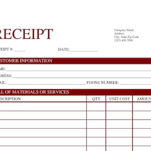 Modèle de reçu rouge foncé - PDF/doc MODIFIABLE ET IMPRIMABLE sur Microsoft Edge/Google Chrome/Microsoft Word/Adobe/Google Doc