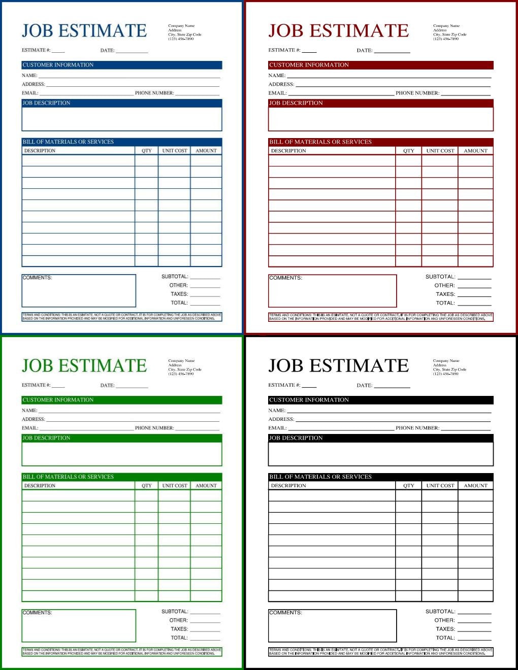 Construction Job Estimate | 4 Color Options | Zip File | EDITABLE ...