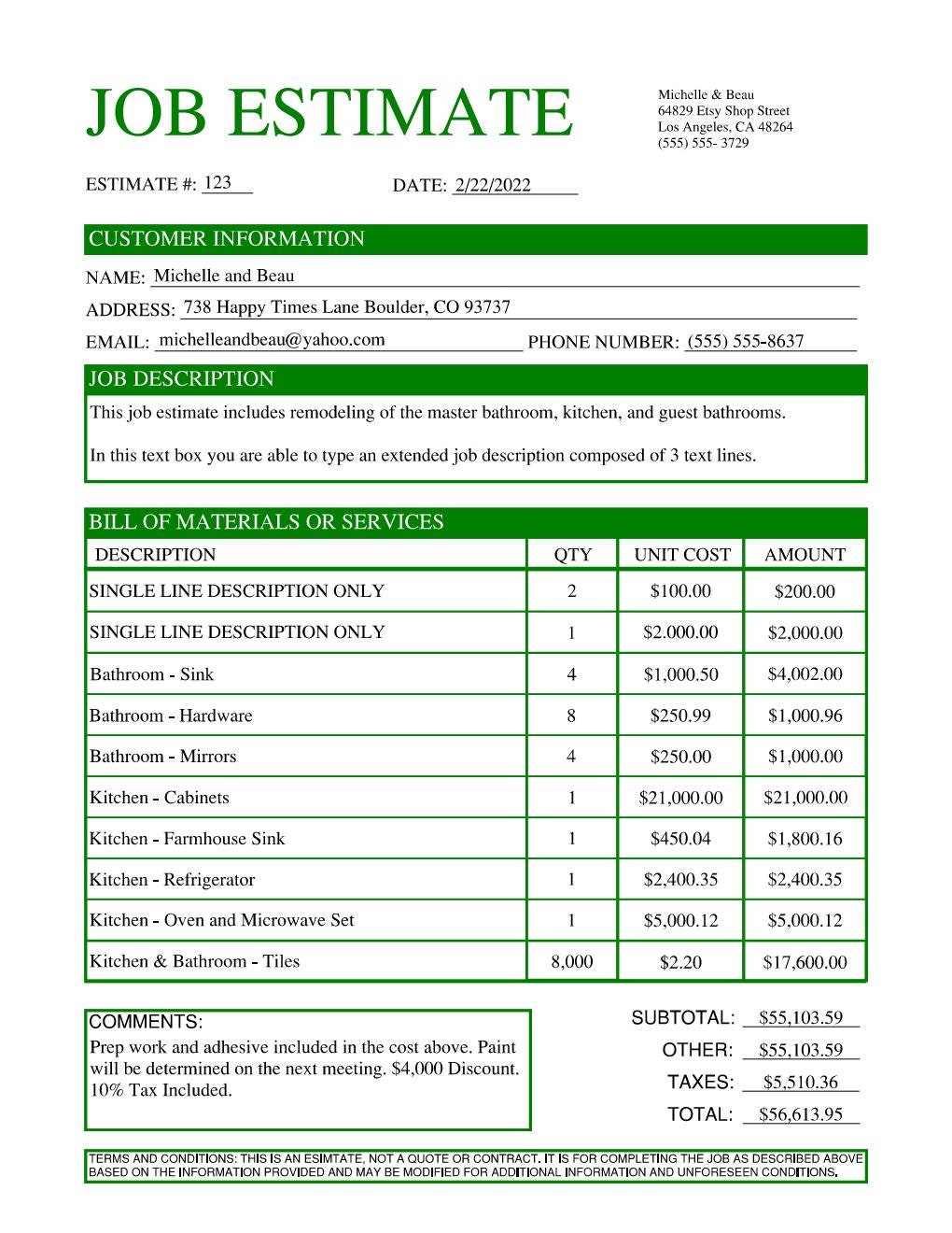 Construction Job Estimate | 4 Color Options | Zip File | EDITABLE \u0026  PRINTABLE Pdf/doc on Microsoft Edge/google Chrome/microsoft Word/adobe -  Etsy, image size:1020x1320