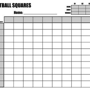 May include: A black and white printable football squares game board with a gray shaded area for the home and away teams. The board is divided into 100 squares with numbers 1-100. The top of the board has a section for the home, away, and winner scores for each quarter and the final score. The text "FOOTBALL SQUARES" is at the top of the board.