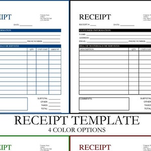 Receipt Template | 4 Color Options | Zip file | EDITABLE & PRINTABLE PDF/doc on Microsoft Edge/Google Chrome/Microsoft Word/Adobe