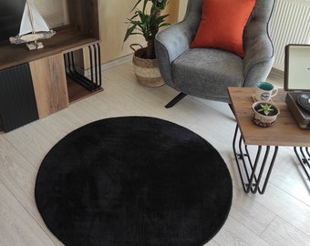 Black Round Shaggy Rug – Fluffy Faux Fur Area Rug – Soft Plush Living Room Carpet – Cozy Bedroom Floor Mat