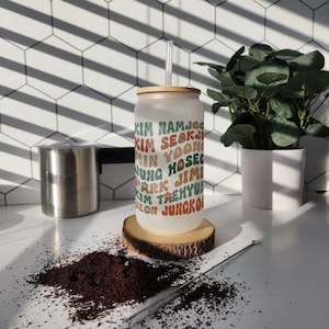 BTS Fan Chant Inspired Frosted Glass Can | 16 oz Coffee Cup with Straw | Glass Tumbler | Kpop Gift | Army Cup | BTS Cup | Army Merch