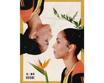 May include: A poster featuring two mirrored profiles of a woman with dark hair, wearing a black jacket with orange and yellow accents. A bird of paradise flower and green sprigs are included. The word "SADE" is printed in the lower left corner.