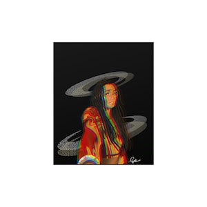 May include: A digital illustration of a person with long, dark hair wearing a red, green, and blue jacket with a black background. The person is surrounded by swirling, gray, and white shapes.