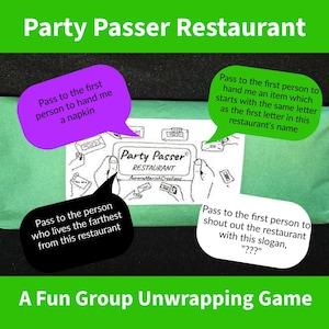 May include: A Party Passer Restaurant game package wrapped in green paper. The label features a black and white illustration of hands passing items, with four speech bubbles containing game instructions and the text Party Passer Restaurant.