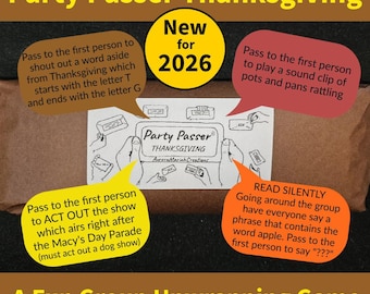 Może przedstawiać: Pakiet owinięty w brązowy papier z centralną białą etykietą z napisem Party Passer THANKSGIVING AuroraMariahCreations. Cztery dymki zawierają instrukcje gry, a żółte koło wyróżnia napis New for 2026 dla tej gry grupowej.