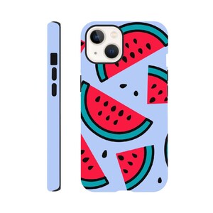 May include: A light blue phone case with a pattern of red watermelon slices on a white background. The case has a cutout for the camera lens.