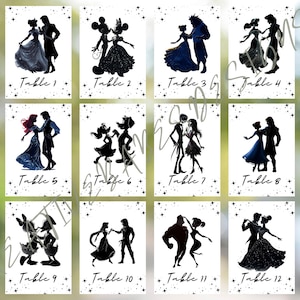 Puede incluir: Conjunto de 12 tarjetas de mesa con siluetas de parejas icónicas de películas animadas. Cada tarjeta presenta una pareja bailando, con la palabra "Table" seguida de un número. Las tarjetas son en blanco y negro con un fondo estrellado.