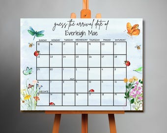 Calendario de fechas de parto "Un pequeño amorcito está en camino", juego para baby shower, editable en Canva (descarga instantánea).