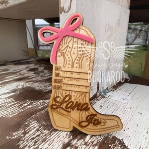 Bow & Boots Baby Announcement Sign- Cowgirl Wood Baby Sign- Birth Stat Sign- Western Baby- Cowbaby-