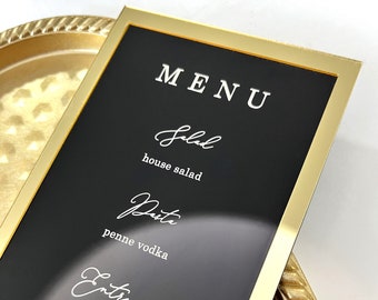 Tarjeta de menú de marco de oro 3D de boda acrílica, tarjeta de recepción de boda de acrílico, menú negro, menú enmarcado con espejo dorado, menú de acrílico esmerilado