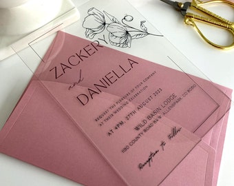 Hochzeitseinladung, transparente Acryleinladungen, minimalistisches Design, Hochzeitseinladungsset, 1mm Acryleinladungen, Blumenmustereinladung